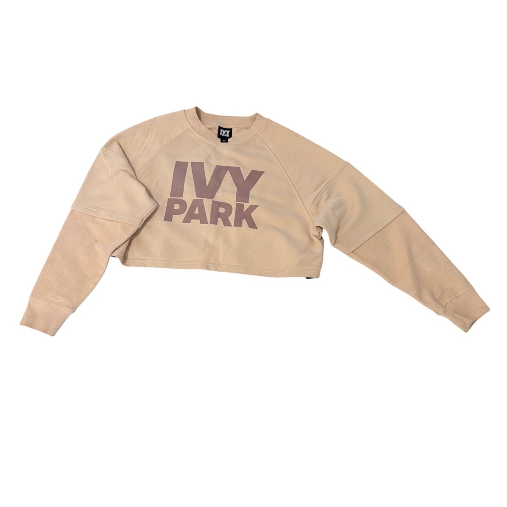 Ivy Park Womens Cropped Sweatshirt Tan Beige Logo Pullover Crewneck Large